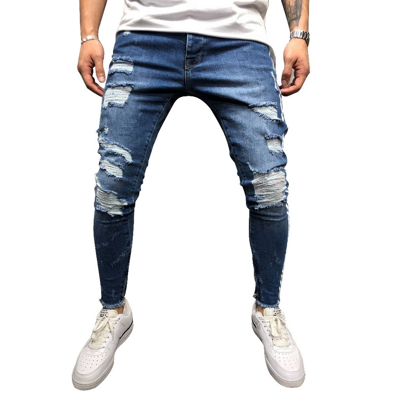 OLOME Hot Sales 2019 Ripped Side Striped Jeans Fashion Blue Streetwear Mens Skinny Stretch Jeans Pants Casual Denim Hombre
