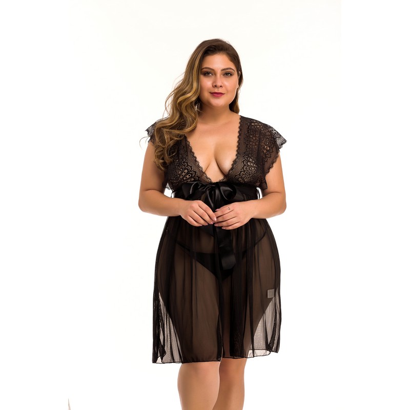 Women Open Front Scalloped Plunging Lace & Mesh Babydoll with G-String and Sash Belt Black Maroon Plus Size S-4XL Sexy Valentine's Sleepwear