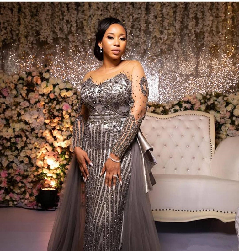 Silver Grey Luxury Evening Pageant Dresses with Detachable Train 2020 Aso Ebi Arabic Crystal Beaded Mermaid Occasion Prom Gowns