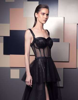 Sexy Black Prom Dresses Black Illusion Exposed Boning Dress With Tiered Ruffles Beads Side Split Evening Gowns Formal Party Dresses