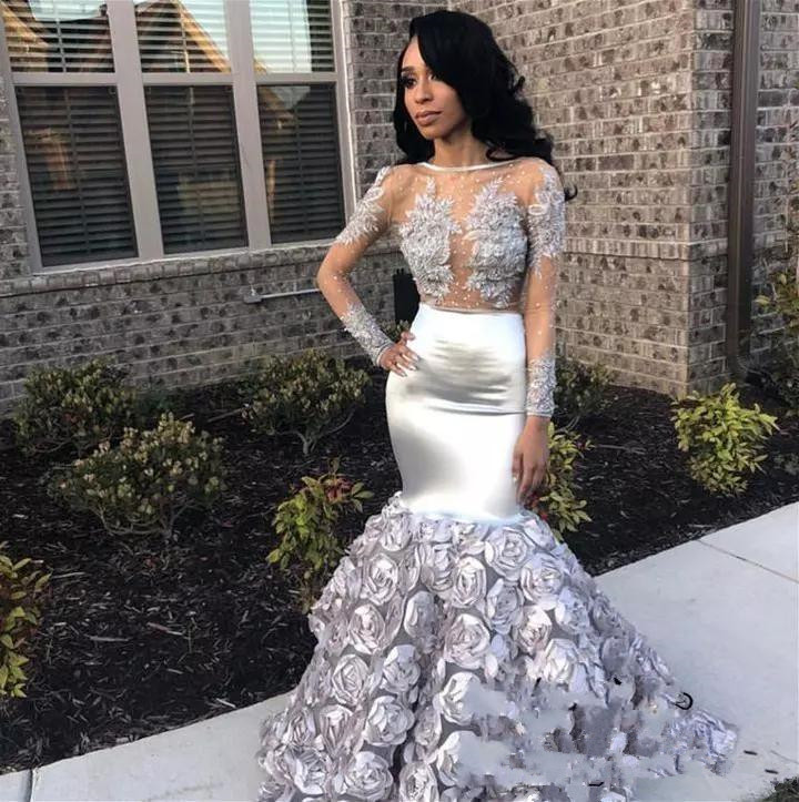 Gorgeous Rose Flowers Mermaid Prom Dresses 2019 Appliques Beads Sheer Long Sleeve Evening Gown Silver Stretchy Satin robes de soirée