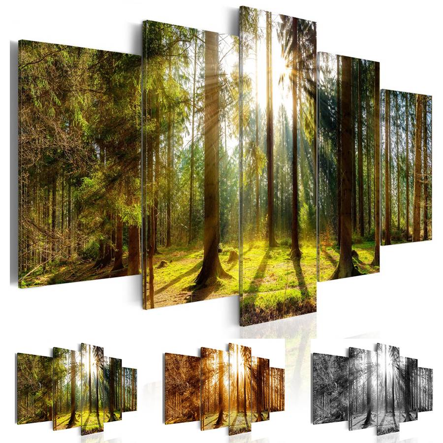 Hd modern Fashion Wall Art Canvas Painting 5 Pieces Green Brown Black Sunlit Forest Landscape Modern Home Decoration, No Frame