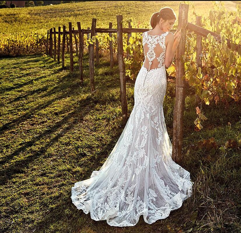 2020 Elegant Ivory Straps Deep V Neck Lace Mermaid Wedding Dresses Full Lace Tulle Summer Beach Wedding Bridal Gowns Illusion Back