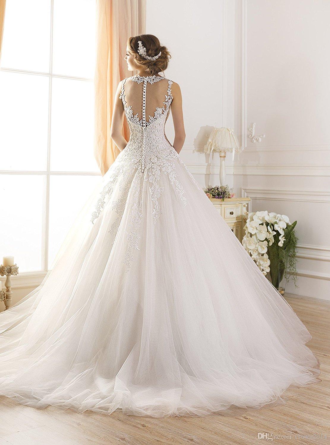 Princess White Wedding Dresses Gown Sheer Jewel Neck Lace Applique Backless Tulle A-Line Wedding Bridal Gowns Plus Size Custom Made