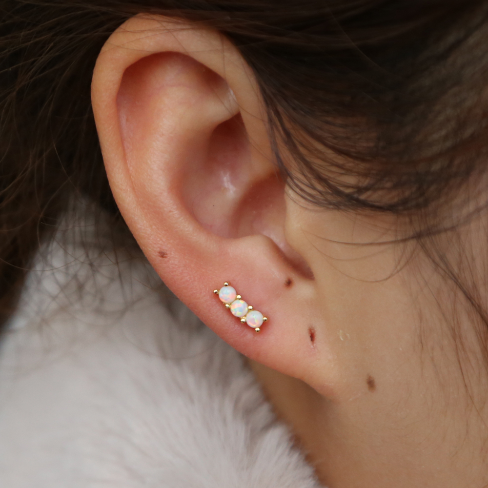 minimal bar stud earring for girl 925 sterling silver triple white fire opal geostone minimal delicate girl lovely jewelry