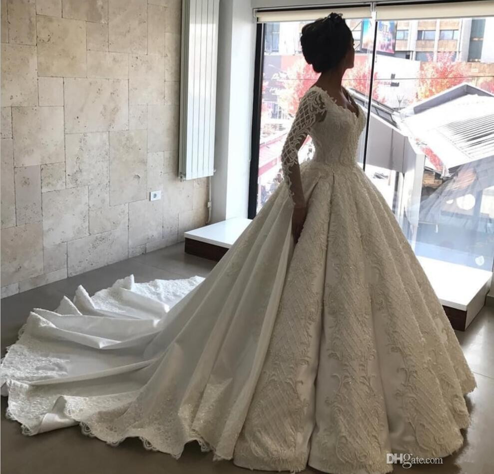 Gorgeous Lace Ball Gown Satin Wedding Dresses 2019 Latest Long Sleeve Wedding Dress Arabic Sweep Train Plus Size Bridal Gowns Vestidos