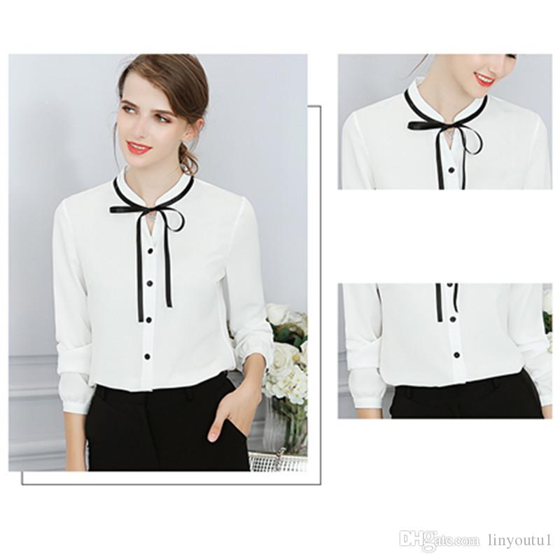 2020 New Spring Autumn Tops Office Ladies Blouse Fashion Long Sleeve Bow Slim White Shirt Female Cute Work Blouses