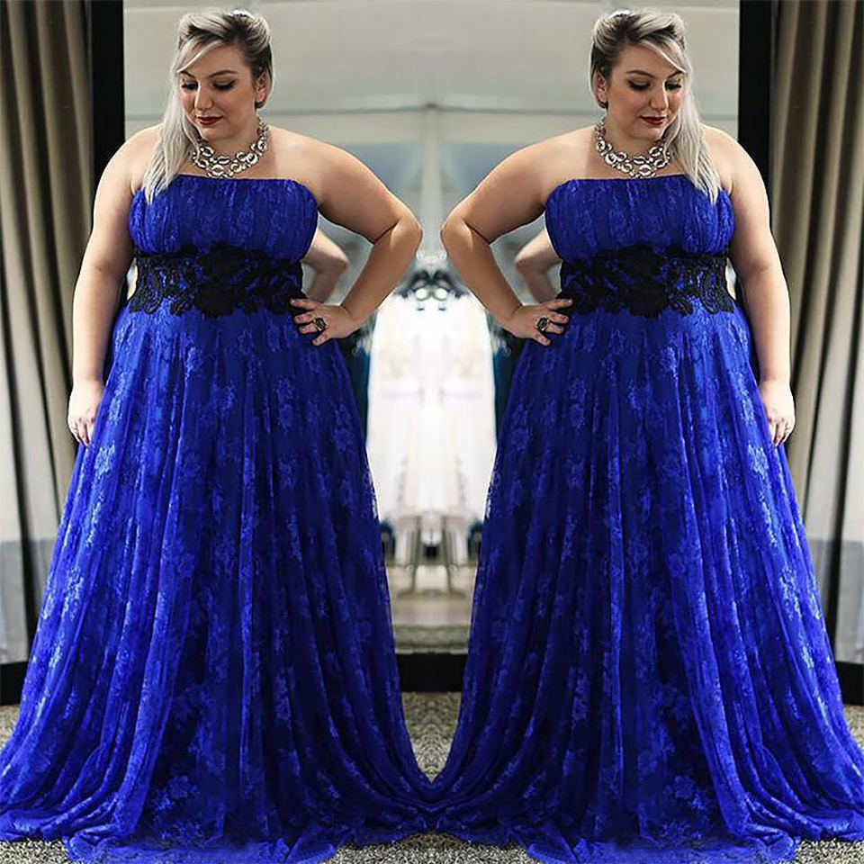 Sexy Royal Blue With Black Lace Prom Evening Dress Long Plus size Strapless Ruched Floor Length Formal Dress New SD3376