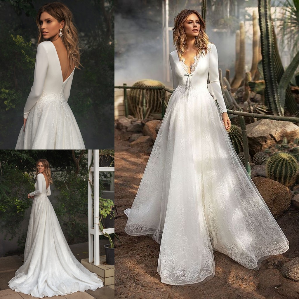 Backless Fabulous Lace Wedding Dresses Appliqued Deep V Neck Long Sleeves Bridal Gowns A Line Sweep Train Robe De Marie