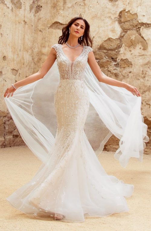 Kitty Chen 2019 Mermaid Wedding Dresses With Cape Beading V Neck Lace Appliqued Beach Bridal Gowns Cap Sleeve Sweep Train Wedding Dress