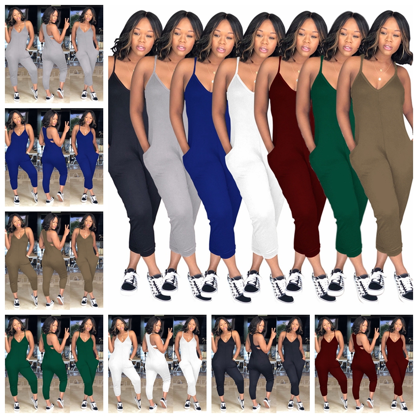 Jumpsuits European solid color sexy sling V-neck sleeveless halter hood casual street double pocket jumpsuit support mixed batch