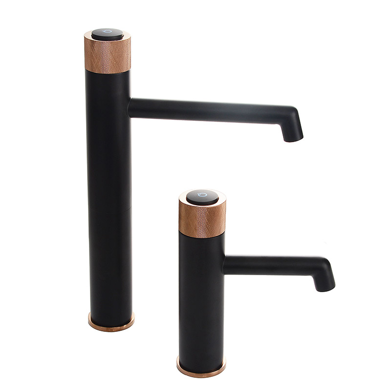 

Matt Black+Rose Gold Knurling Press Handle Bathroom Basin Faucet Deck Mounted Hot And Cold Water Mixer Tap Tall Style and short