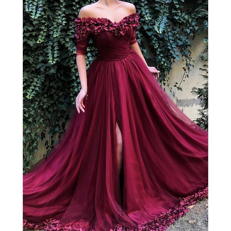 Elegant 3D Flower Prom Dresses Off Shoulder Half Sleeve Ruffles Evening Gowns Side Split Tulle Party Runway Fashion Dress