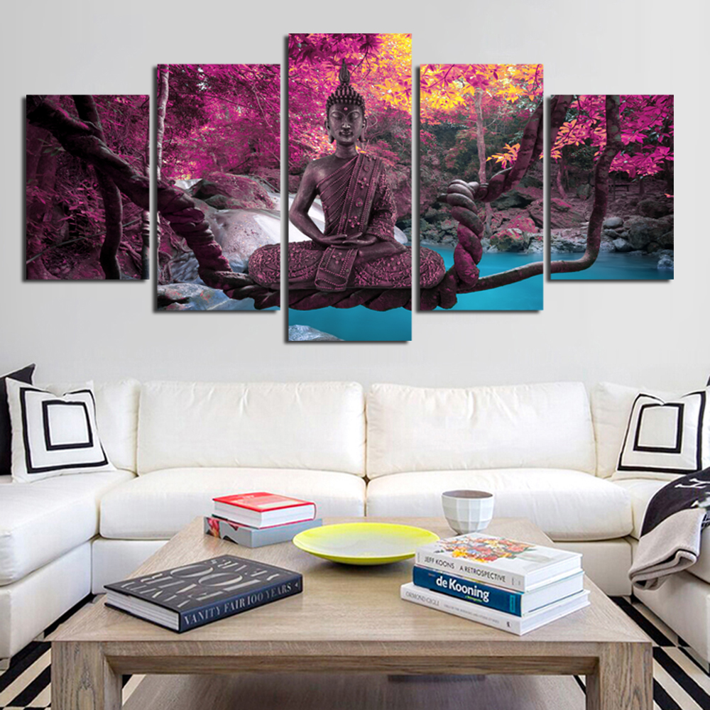 Unframed Seat Buddha Canvas Wall Art Print Modern Abstract Zen Art Painting Home Decoration(Color:Green,Orange,Purple,Size:4)