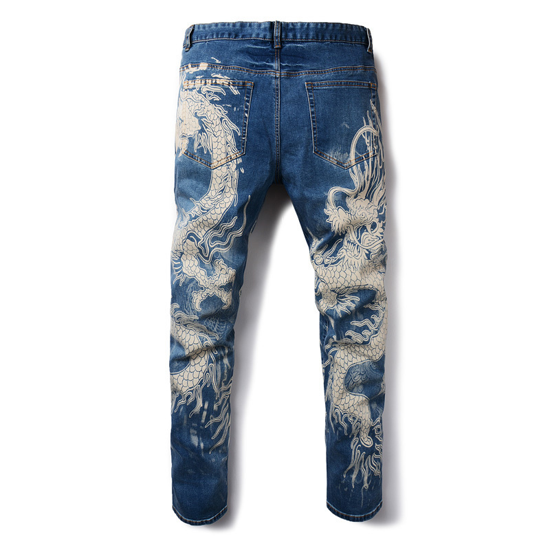 Sokotoo Men's Fashion Dragon Print Jeans Male Colored Drawing Painted Slim Denim Pants Elastic Black Long Trousers Y19072301