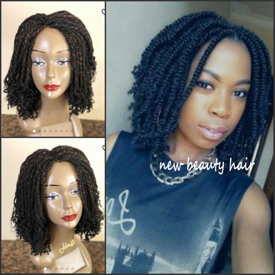 High quality black/brown synthetic short hair kinky twist wig 180density braided curly lace front wigs for black women with baby hair