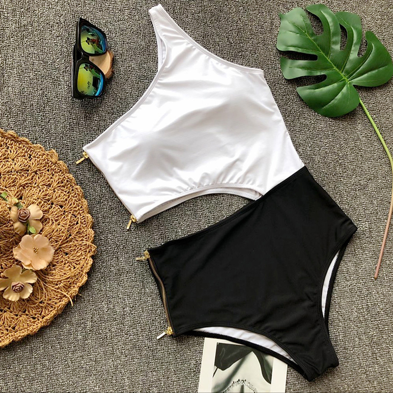 2019 Sexy White black One piece Swimsuit Women Hollow out Monokini Swim suits Trikini Swimwear Zipper Sexy Bathing Suit Female Y200613