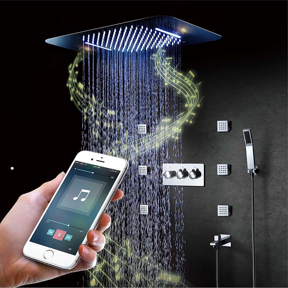 

Modern Music Showerhead Set LED Concealed Ceiling Rainfall Waterfall Massage Body Jets Set Hot And Cold Mixing Valve Bluetooth