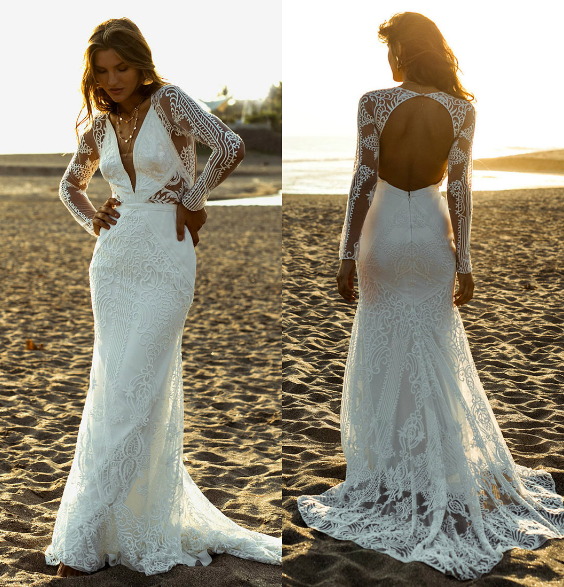 2019 Lace Country Wedding Dresses V Neck Hollow Back Appliques Sweep Train Long Sleeve Wedding Dress Custom Made Beach Bridal Gowns