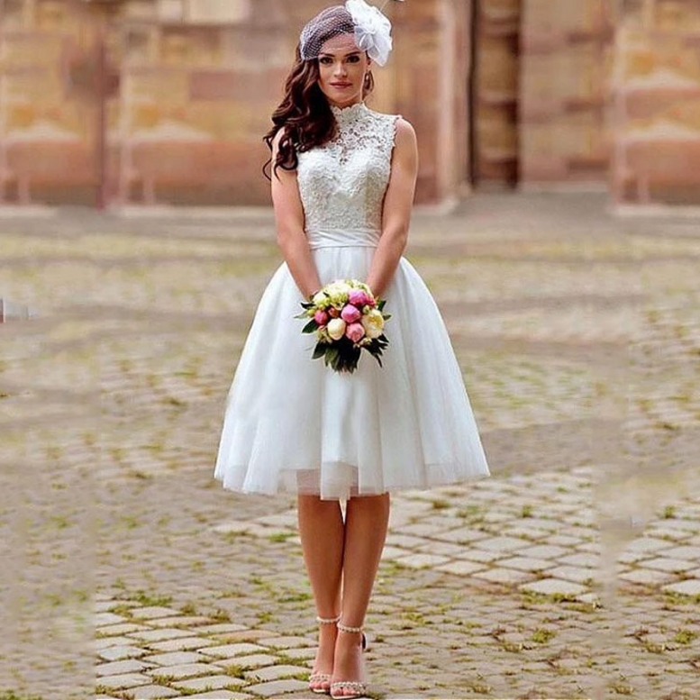 Knee Length Dress A e White High Neck Appliqued Lace Bride Dresses Boho Backless Short Wedding Gowns trouwjurken