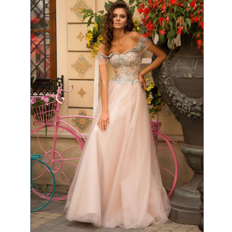 Free Shipping A Line Sweetheart Floor Length Tulle Prom Dresses Appliques Beaded Off The Short Sleeve Long Evening Party Gowns