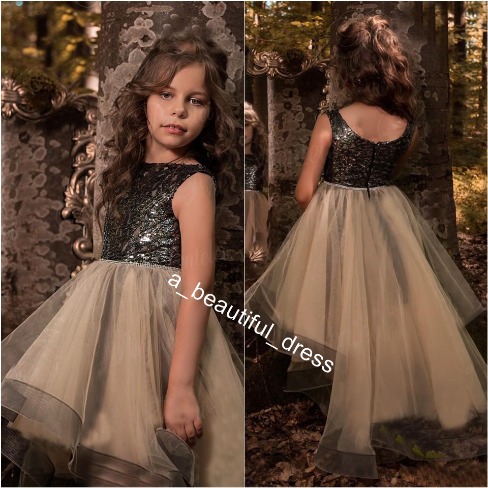 Little Black High Low Flower Girls Dresses For Weddings Sequins Appliqued New Kids First Communion Dress Custom Made Pageant Gowns FG1292
