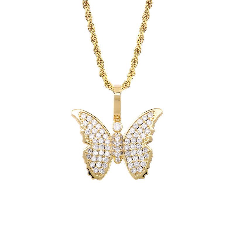 Hip Hop Diamond Stone Charm Butterfly Pendants Necklace Jewelry 18K Real Gold Plated Men Women Lover Gift