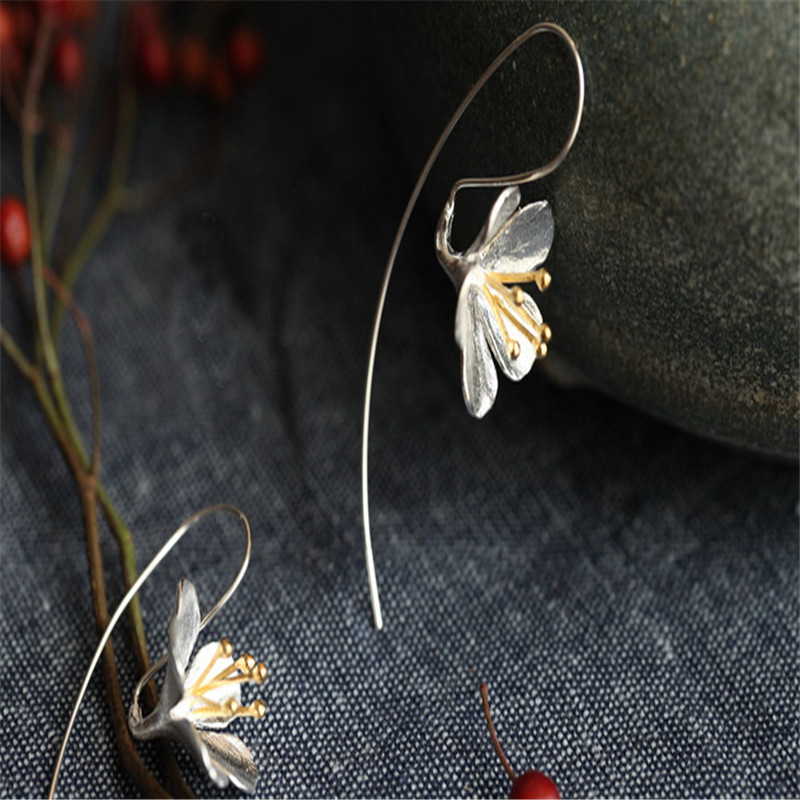 Authentic 925 Sterling Silver Flower Long Tassel Earrings For Women Thai Silver Drop Earring Lady Sterling-Silver-Jewelry