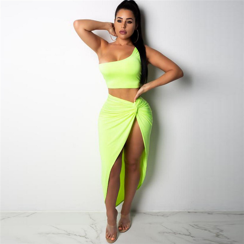 Two Piece Set Dress For Women One Shoulder Tops Side Ruched High Split Dress Female Bandange Vestidos, Green
Two Piece Set Dress For Women One Shoulder Tops Side Ruched High Split Dress Female Bandange Vestidos, Green