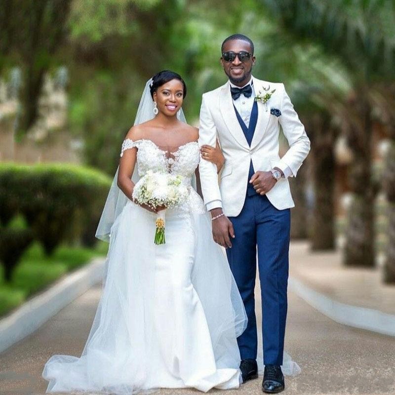 High Quality One Button Ivory Wedding Men Suits Shawl Lapel Three Pieces Business Groom Tuxedos (Jacket+Pants+Vest+Tie) W1064