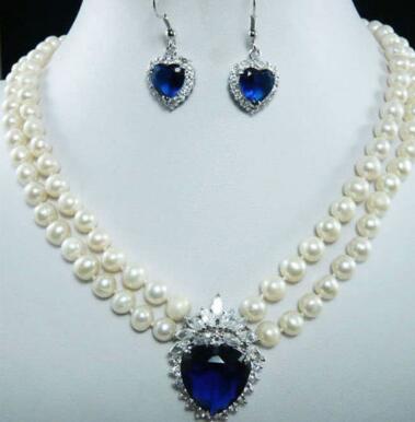 Free ShippiNG7-8mm Natural White Pearl Blue Crystal Pendant Necklace + Earrings Set