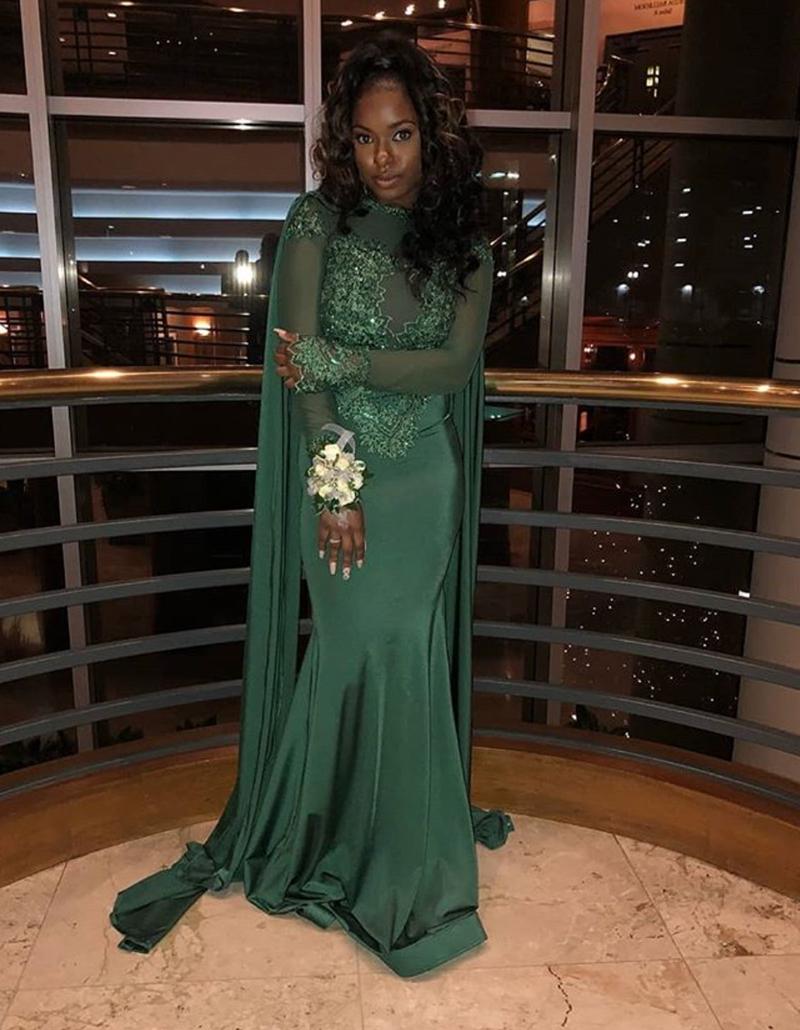 Emerald Green Mermaid Prom Dresses Arabic Dubai Long Sleeve Lace Appliques Illusion Sequined Evening Dress Black Girls Formal Party Dresses
