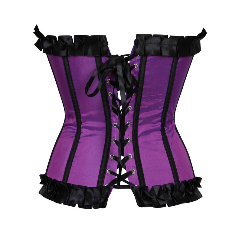 Black Frill Ruffle Trim Corset Women Burlesque Fashion Overbust Corset with Satin Bows Sexy Lace Up Plastic Boned Body Shaper
