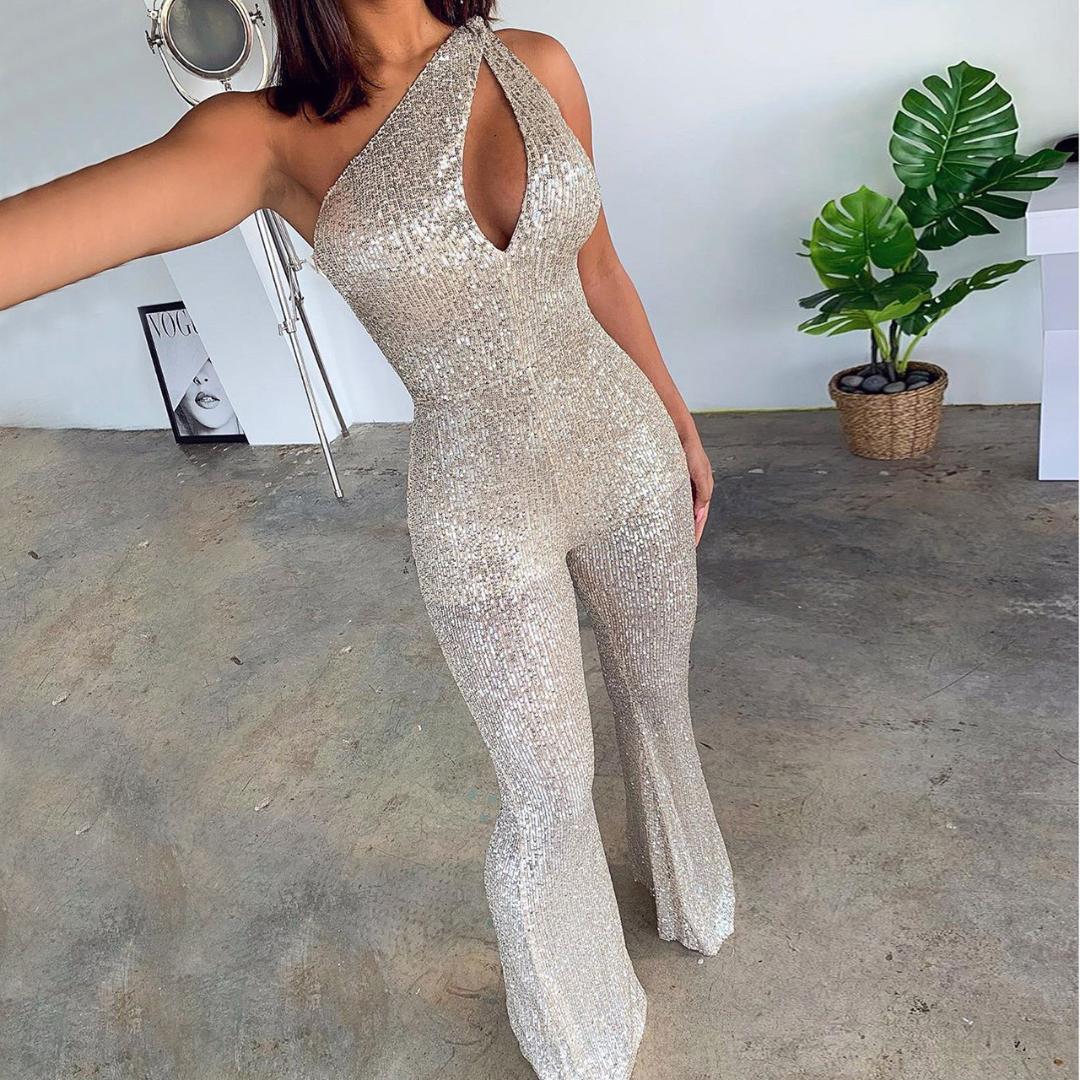 MEQ403 Hot Sale Womens Sequin Cloth Hollow Slant Shoulder Sexy Wide Leg Nightclub Jumpsuit Women Party Street Casual