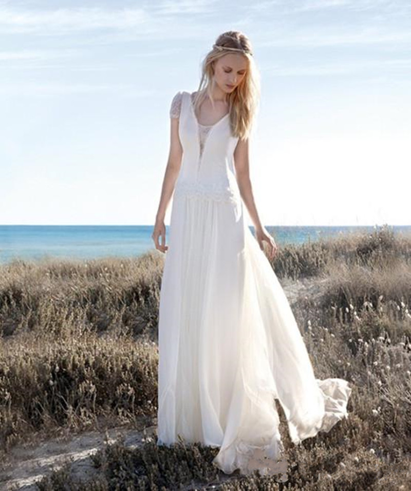 2019 Rembo Styling Beach Wedding Dresses With Lace Cap Sleeves Plunging Neck Cheap Bridal Gowns A-Line Floor Length Chiffon Wedding Dress