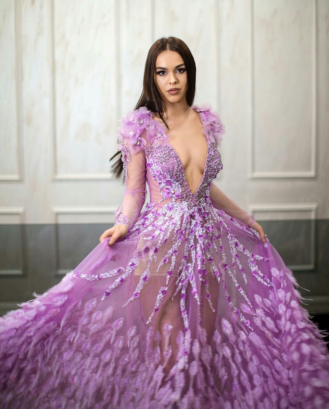 2019 Sheer Long Sleeve Purple Evening Dresses Deep V Neck Lace Appliqued Beads Feather Prom Dress A Line Custom Fairy Formal Party Gowns