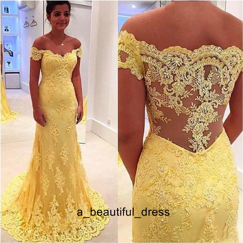 Yellow Lace Mermaid Prom Dress Vestidos Off Shoulder Lace Appliques Evening Gowns Womens Formal Party Dress Plus Size ED1230