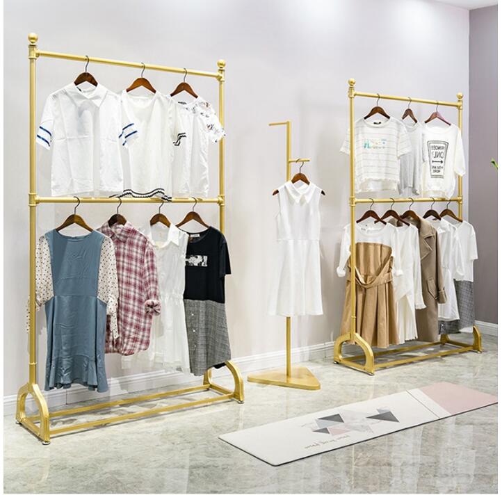 Gold clothing store iron clothing rack Commercial Furniture men's and women's wedding dress floor hanger metal double layer adjustable hange