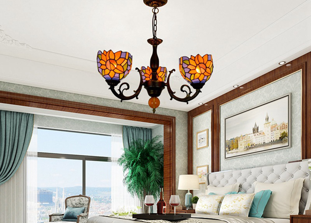 Stained Glass Chandelier Flower Pattern White European Retro Living Room Chandelier Bedroom Kitchen Fairy Lamp Can Be Customized