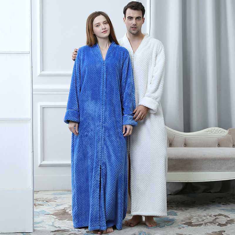 New Women Men Extra Long Winter Warm Bathrobe Plus Size Pregnant Zipper Bath Robe Luxury Soft Grid Flannel Thermal Dressing Gown