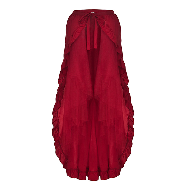 Women's Plus Size S-6XL Retro Gothic Multi-layered Tulle Mesh Ruffled And Pleated Asymmetrical Ties Front Open Silhouette Tiered Long Skirt