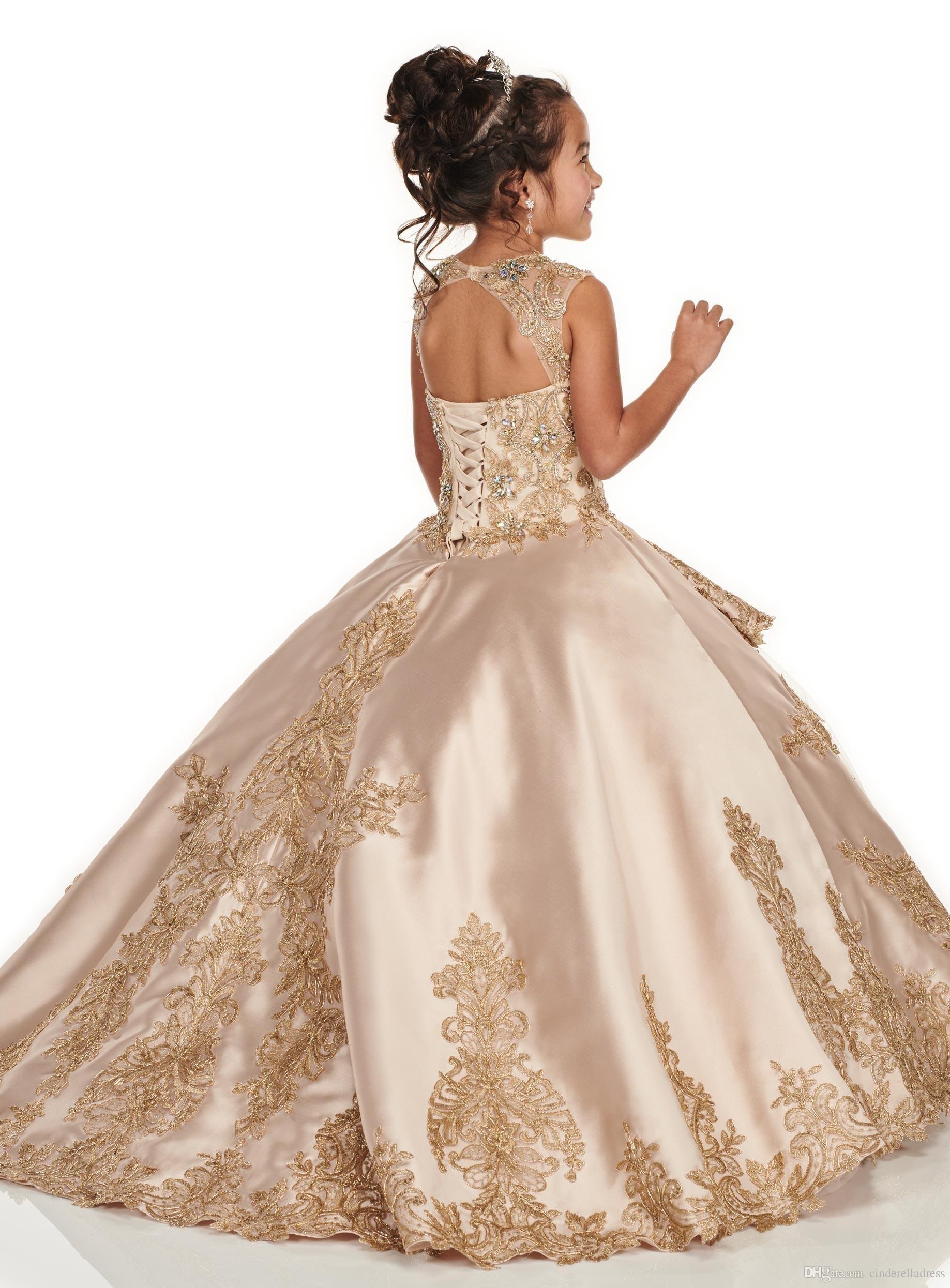 Gold Applique Lace Champagne Girls Pageant Dresses 2020 Cap Sleeve Jewel Beaded Crystal First Communion Flower Girls Dress BC2500