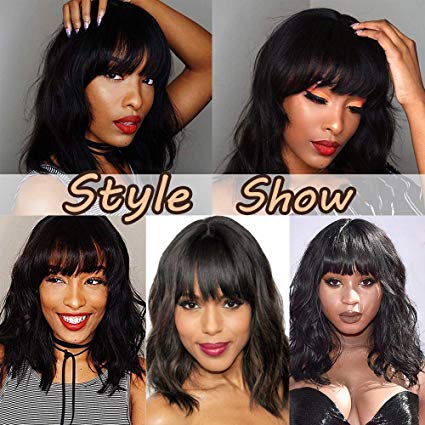 Short wavy bob human hair bang wigs lace front brazilian remy wig for black women 130% on sale diva1 natural