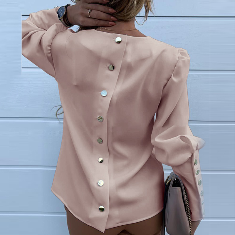 2020 Work Wear Women Blouses Long Sleeve Back Metal Buttons Shirt Casual O Neck Solid Plus Size Tops Autumn Blouse Drop Shipping V191216