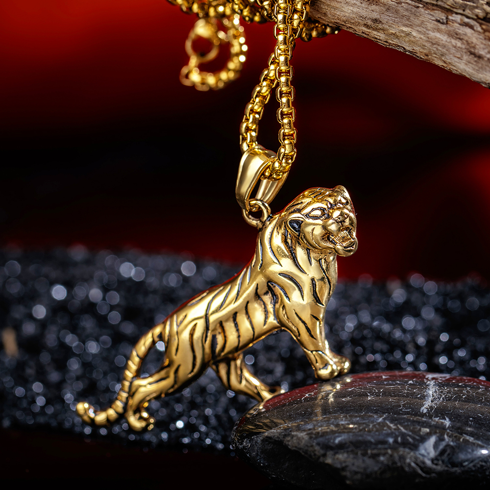 Hip Hop Domineering Tiger Pendat Necklace 316L Stainless Steel with Silver Gold Twist Chain Necklace Jewelry