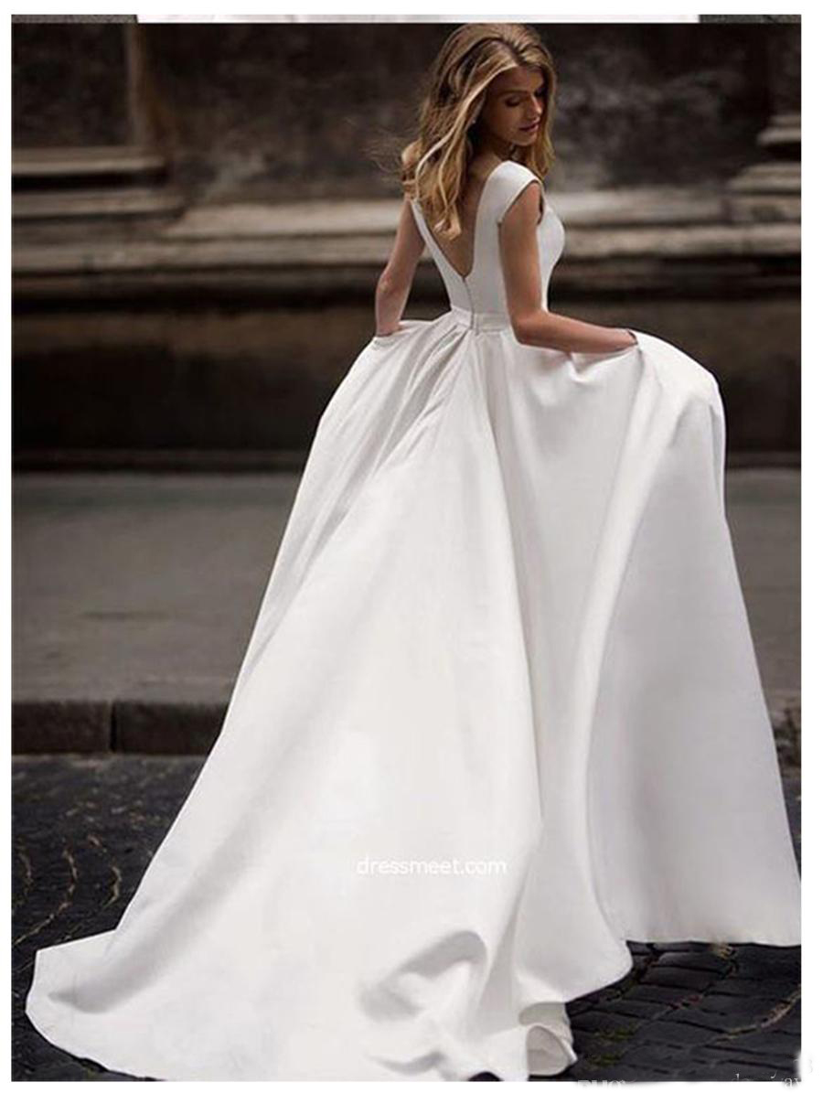 Satin Wedding Dresses With Pocket A Line Sleeveless Bridal Gowns Floor Length Wedding Gown Vestido de novia