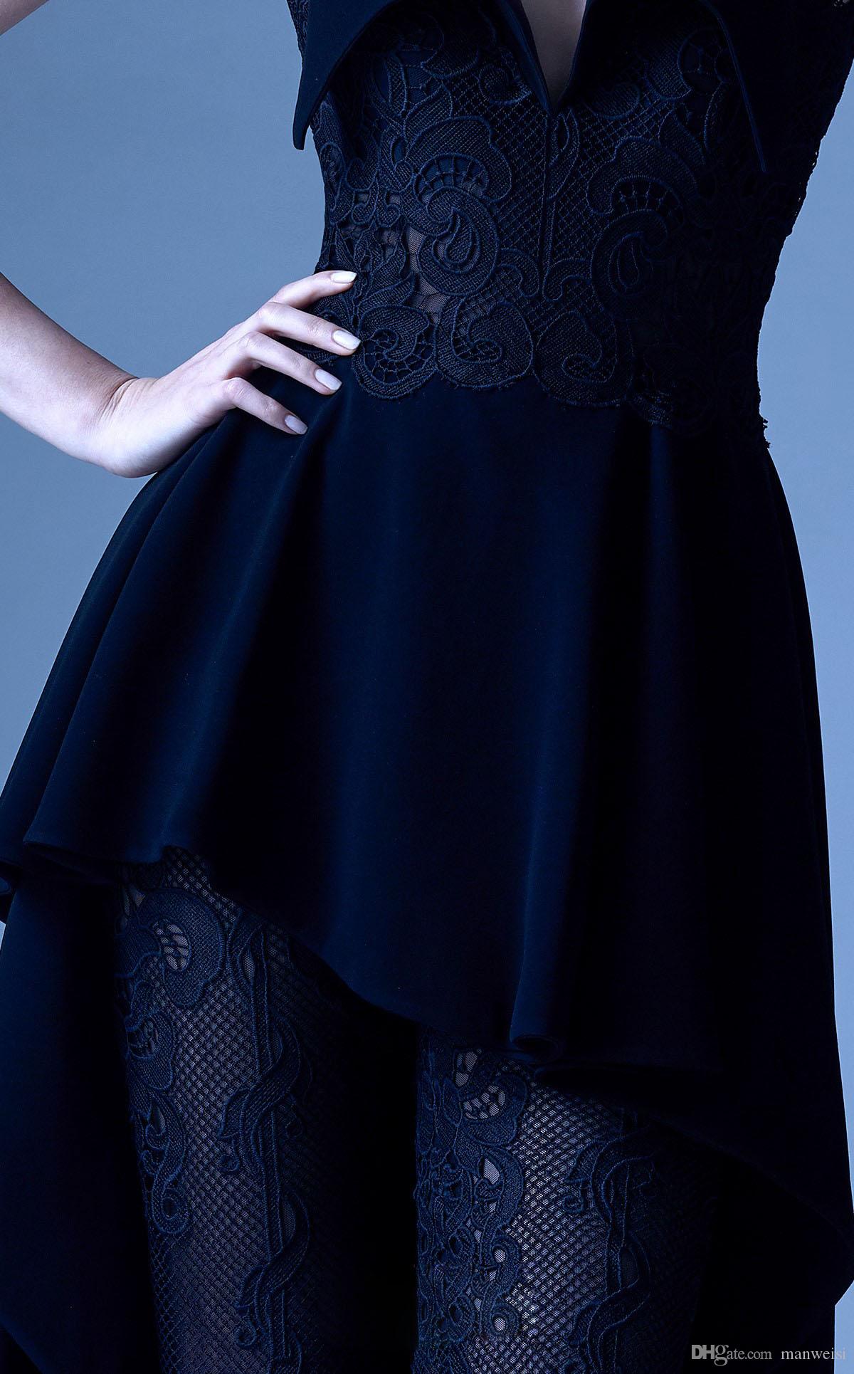 2020 Dark Navy Jumpsuits Prom Dresses Peplum V Neck Lace Appliqued Pants Dress Evening Wear Vintage Long Formal Party Gowns