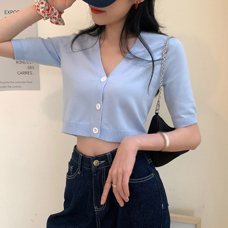 2020 Knitted T Shirt For Women Fashion Wild V-neck Short Sleeved T-shirt Sexy Slim Button Cardigan Crop Tops, Blue
2020 Knitted T Shirt For Women Fashion Wild V-neck Short Sleeved T-shirt Sexy Slim Button Cardigan Crop Tops, Blue