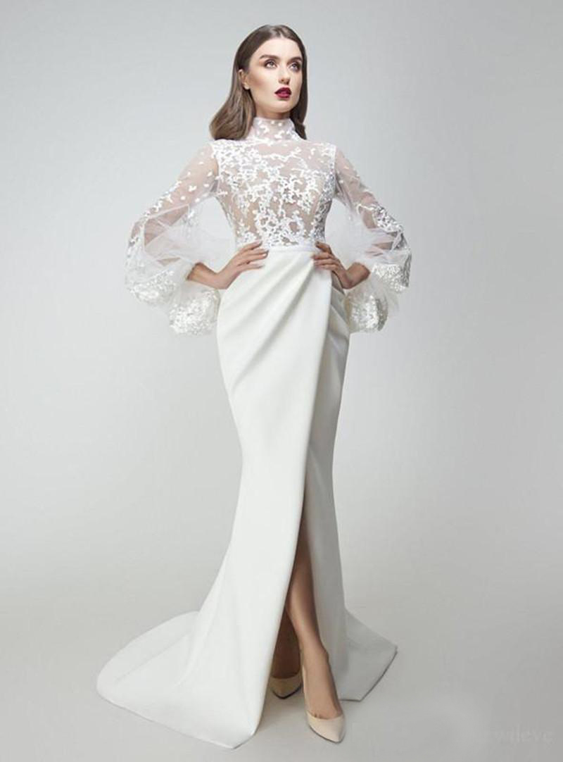 Prom Dresses New 2020 Lace Appliqued Long Sleeves Side Split Mermaid Evening Gowns Sweep Train Special Occasion Dress Party Dress