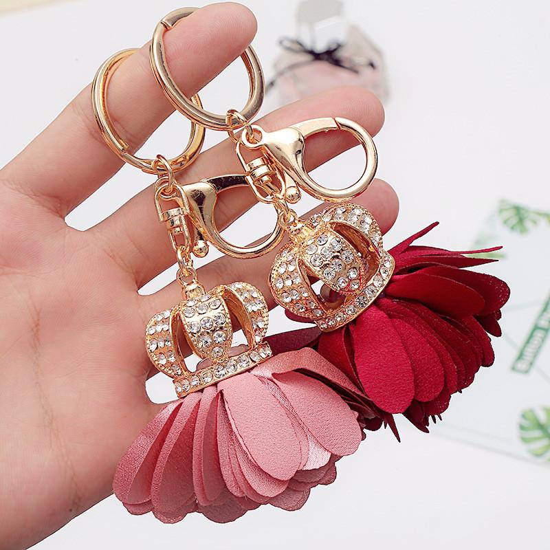 Shiny Rhinestones Key Chains Tassel Crown Flower Keychains Handmade Keyring Women Gift Bag Charm Pendant Key Ring